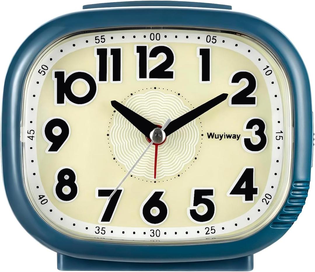 Vintage Retro Analog Alarm Clock, Battery Operated, Readable for SeniorsSilent No Ticking, Glow in Dark Dial, Lighted on Demand and Snooze, Blue, 4.7" x 3.9" x 2.7"
