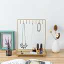MyGift 14 Inch Brass Metal Jewelry Organizer Stand for Necklaces with 20 Hooks and Ring Tray