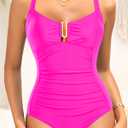 Daci Neon Pink Women Tummy Control One Piece Swimsuit - Ruched Bathing Suit Full Coverage Slimming V Wired Swimwear 2025 M (Pink)