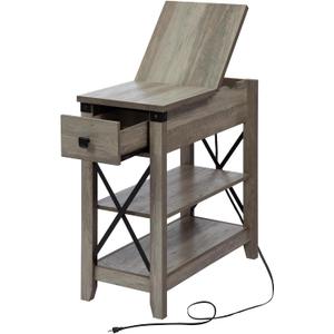 Awescuti Narrow End Table with Charging Station Farmhouse Slim Side Table with USB Ports and Power Outlets, Nightstand with Flip Top and Storage Drawer, for Small Spaces Living Room Bedroom, Gray (Single, Grey)