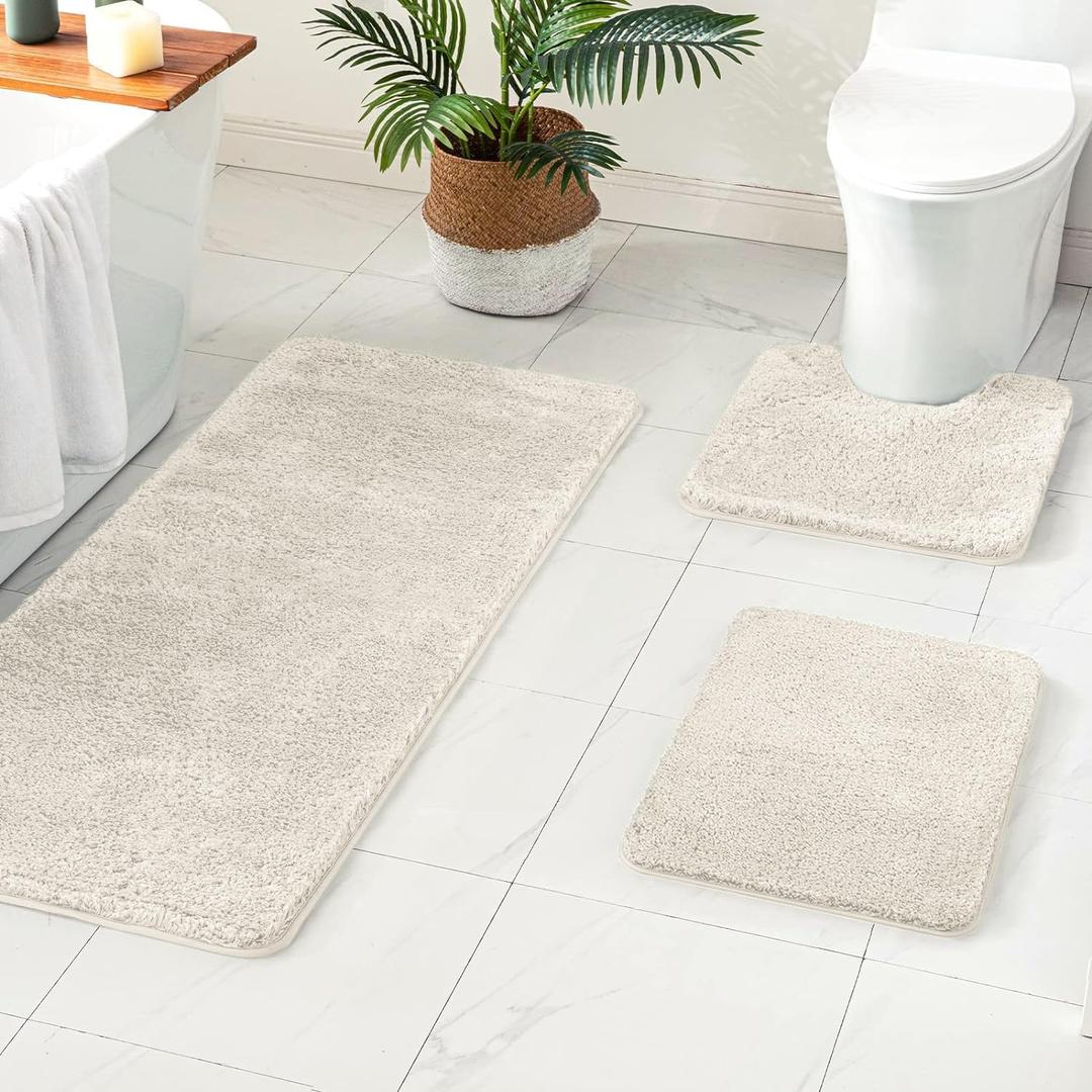 MIULEE Bathroom Rugs Sets 3 Piece with Toilet Mat and Runner Rugs, Non Slip Absorbent Microfiber Bath Mats Sets for Restroom, Machine Washable, 16''x24''+ U Shaped 20''x24''+24''x60'', Ivory