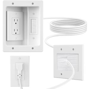in Wall Cable Concealer Kit with Brush Wall Plate,Recessed Outlet Box,9ft Cord,2 Gang Pass Through Wire Hider for TV Cable Management,HDMI Cables and Home Theater Systems