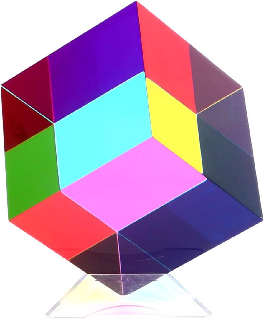 Color Cube (2.4inch) with Stand - Cyan, Magenta & Yellow Subtractive Color Mixing - Mesmerizing Acrylic Prism for Desk Decor, A Fun Conversation Starter