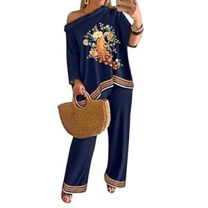 CHICME Womens 2 Piece Outfits Off The Shoulder Printed Batwing Long Sleeve Tops and Wide Leg Pants Matching Sets Purplish Blue-L
