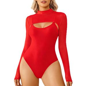 Avidlove Women Sexy Bodysuit Mesh Two Piece Outfit Cami Bodysuit Tops (Large, Red)
