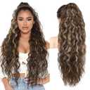 REECHO Ponytail Extension 30" Long Claw Clip Ponytail Extension Curly Wavy Pony Tails Hair Extensions Clip in Synthetic Hairpiece for Women, Chocolate Brown with Highlights