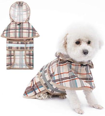 KOOLTAIL Dog Raincoat Hooded Slicker Poncho with Leash Hole, Raincoat for Small Medium Dogs, Waterproof Doggie Rain Jacket with Reflective Strip, Adjustable Breathable Plaid Puppy Rainwear-Beige L