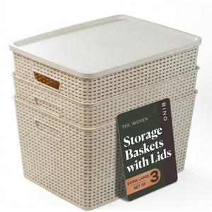BINO | Plastic Storage Baskets with Lids, 33 Liter - 3 Pack, Natural | THE WOVEN COLLECTION | Storage Basket for Shelves | Woven Storage Baskets for Organizing Bins | Pantry Shelf Organizer Bin