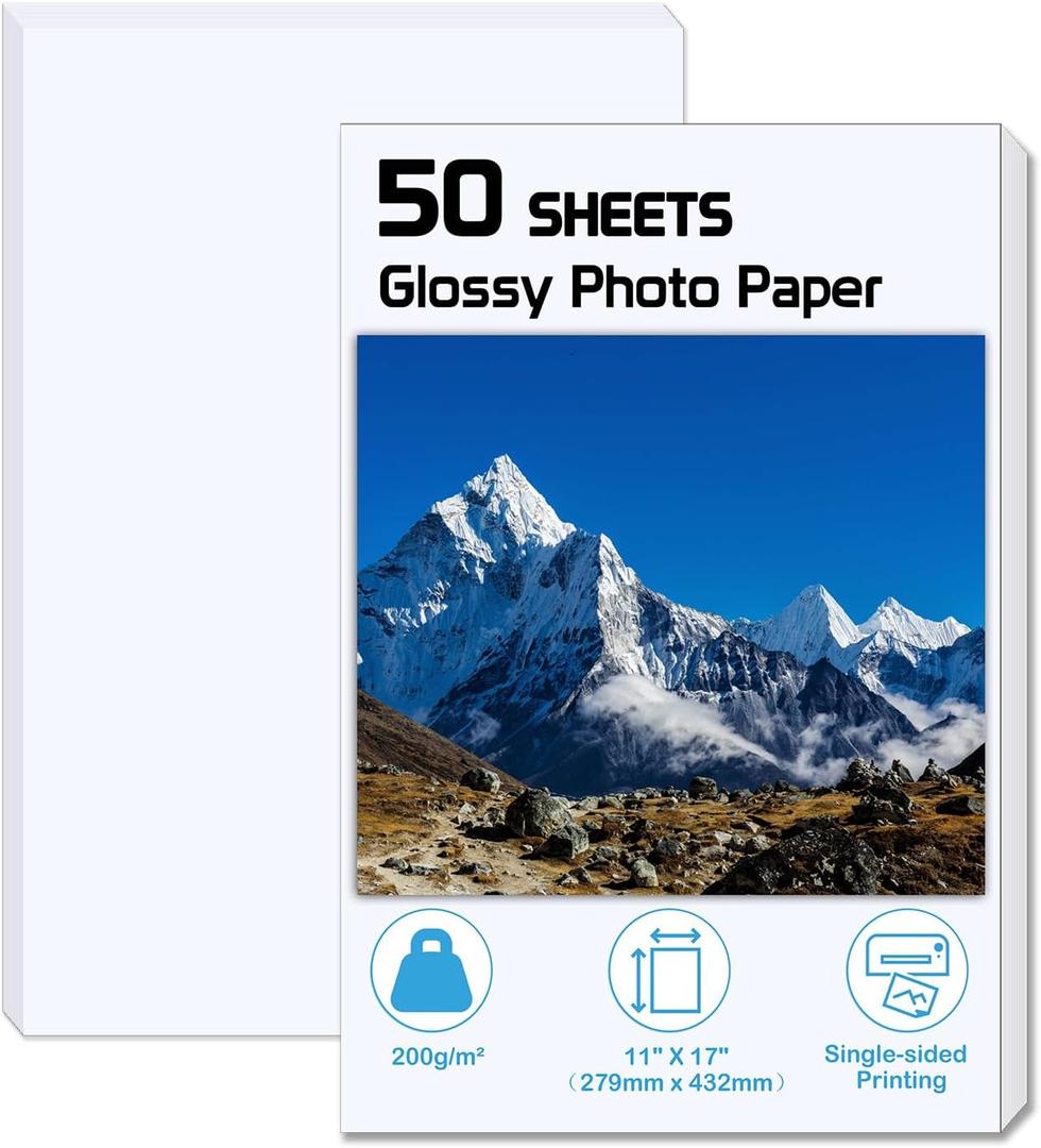 ZBEIVAN 11x17 Glossy Photo Paper, 50 Sheets, 11"x17" Inkjet Printer Paper, 200 GSM
