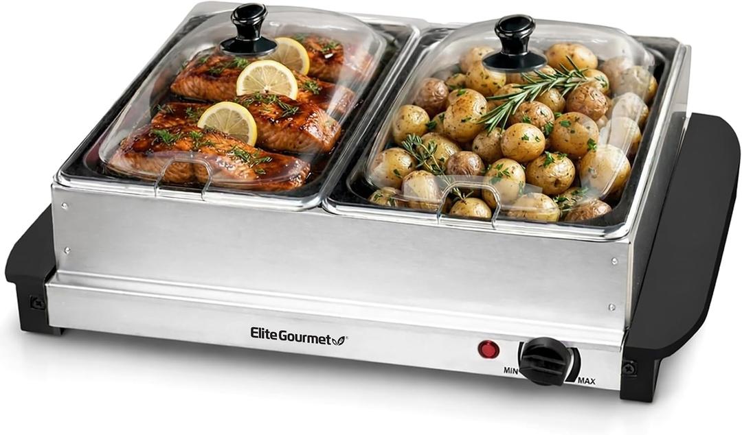 Elite Gourmet EWM-6122 Dual 2 x 2.5 Qt. Trays, Buffet Server, Food Warmer Temperature Control, Clear Slotted Lids, Perfect for Parties, Entertaining & Holidays, 5 Qt Total, Stainless Steel