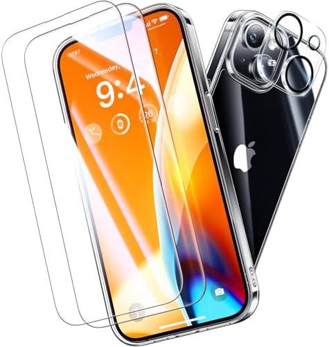 Pack of 2 Opxyl Diamond Clear for iPhone 14 Case with 2X Screen Protector + 2X Camera Lens Protector, [Not Yellowing][Military-Grade Protection] Slim Thin Shockproof Phone Case for iPhone 14, Clear