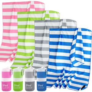 Sfee 4 Pack(8Pcs) Microfiber Travel Towel, Beach Towel Quick Dry Towel Camping Towel Super Absorbent Compact Lightweight Sports Gym Towels for Beach, Gym, Hiking, Pool, Backpacking, Bath, Yoga (L 60"x30"+24"x15", Dark Blue+green+pink+grey)