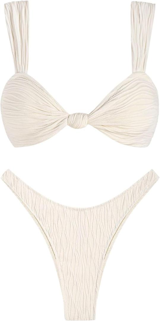 ZAFUL 2025 Cheeky Bikini Sets for Women High Cut Swimsuit Textured Ribbed Bikini Thong Bathing Suit (White, S)