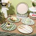 60 Pcs Sage Green Gingham Paper Dessert Plates 9 Inch Disposable Checkered Plaid Dinner Plates for Birthday Baby Shower Wedding Camping Themed Party Supplies, 4 Styles