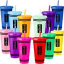 Skylety 12 Pcs Teacher Appreciation Gifts Bulk Christmas Gifts 24 oz Crayon Plastic Tumblers with Lids and Straws Reusable Water Bottle Classroom Party Favors Birthday Party Decorations