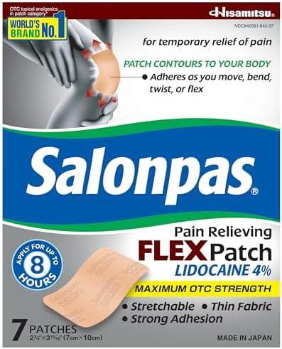 Salonpas Maximum OTC Strength Lidocaine 4% Pain Relieving Flex Patch, Apply for Up to 8 Hours, Unscented, Thin, Flexible, Lightweight, Patch Stays in Place, 6 Patches