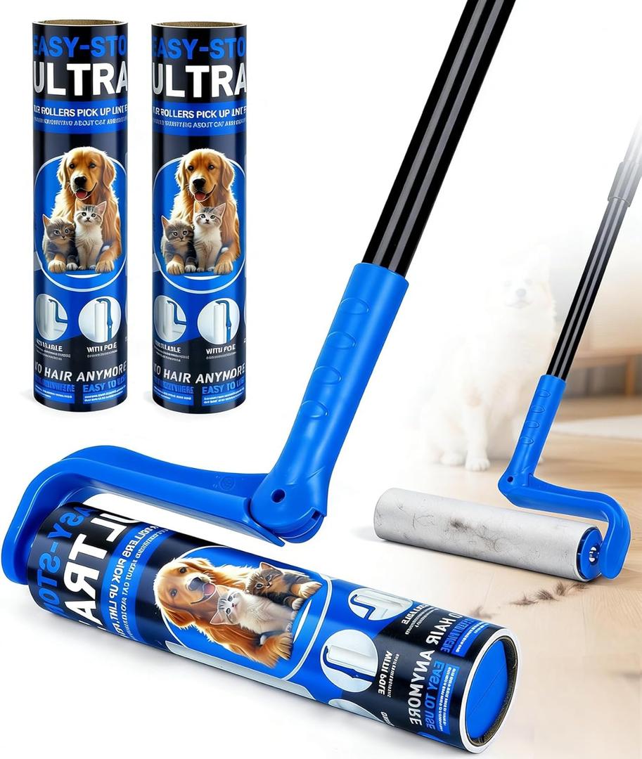 10" Large Lint Roller for Pet Hair Extra Sticky, Floor Lint Rollers Long Handle with Big Lint Rollers Refills for Couch Carpets Furniture Wall Clothing Floor Cleaning, Blue