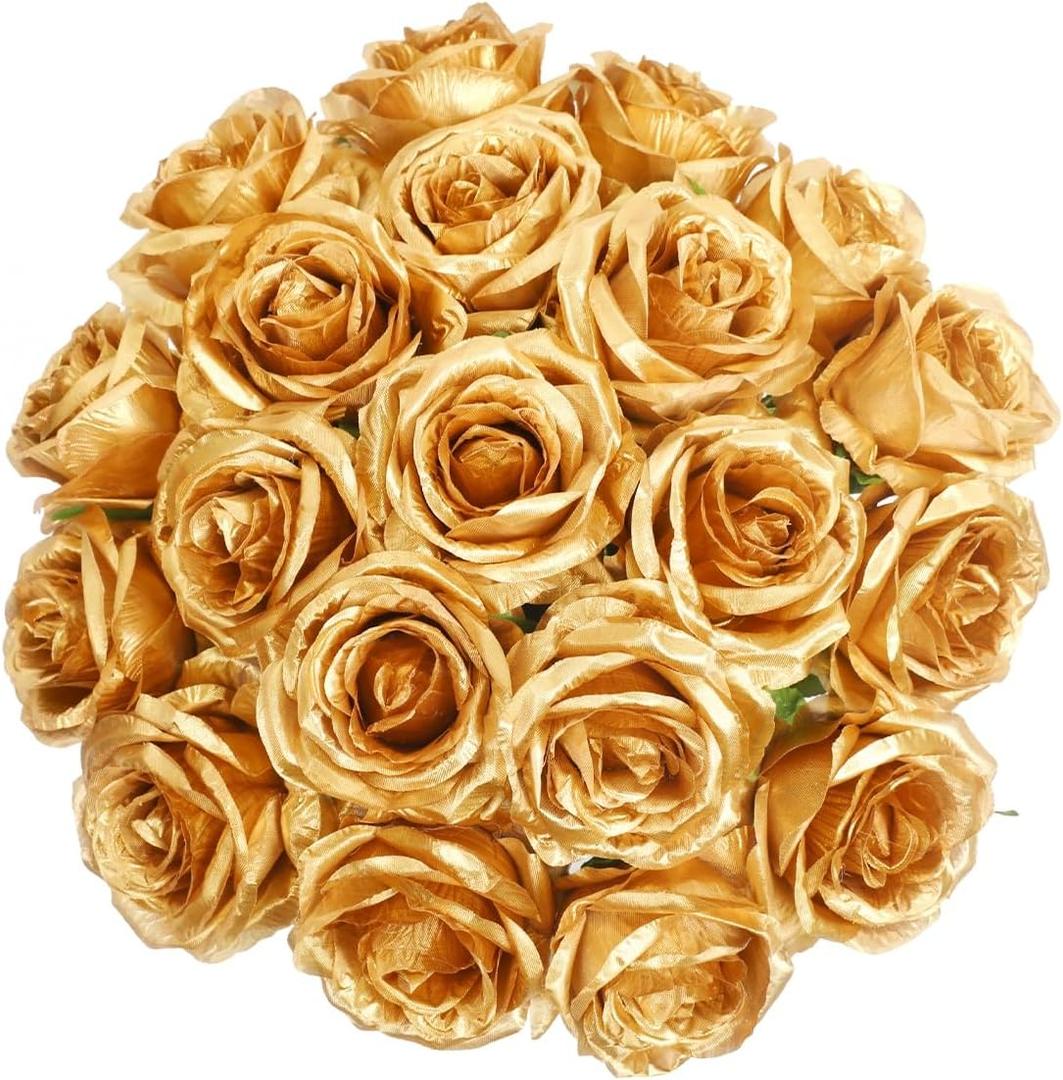 JUSTOYOU 10 PCS Artificial Roses Flowers, Realistic Blossom Roses, Real Touch Silk Rose, Single Fake Flower Long Stem Bouquets for Home Wedding Party Decoration (10Pcs, Gold)