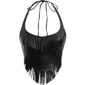 SHENHE Women's Faux Leather Fringe Top Backless Sexy Halter Corset Top Club Night Crop Tops, S