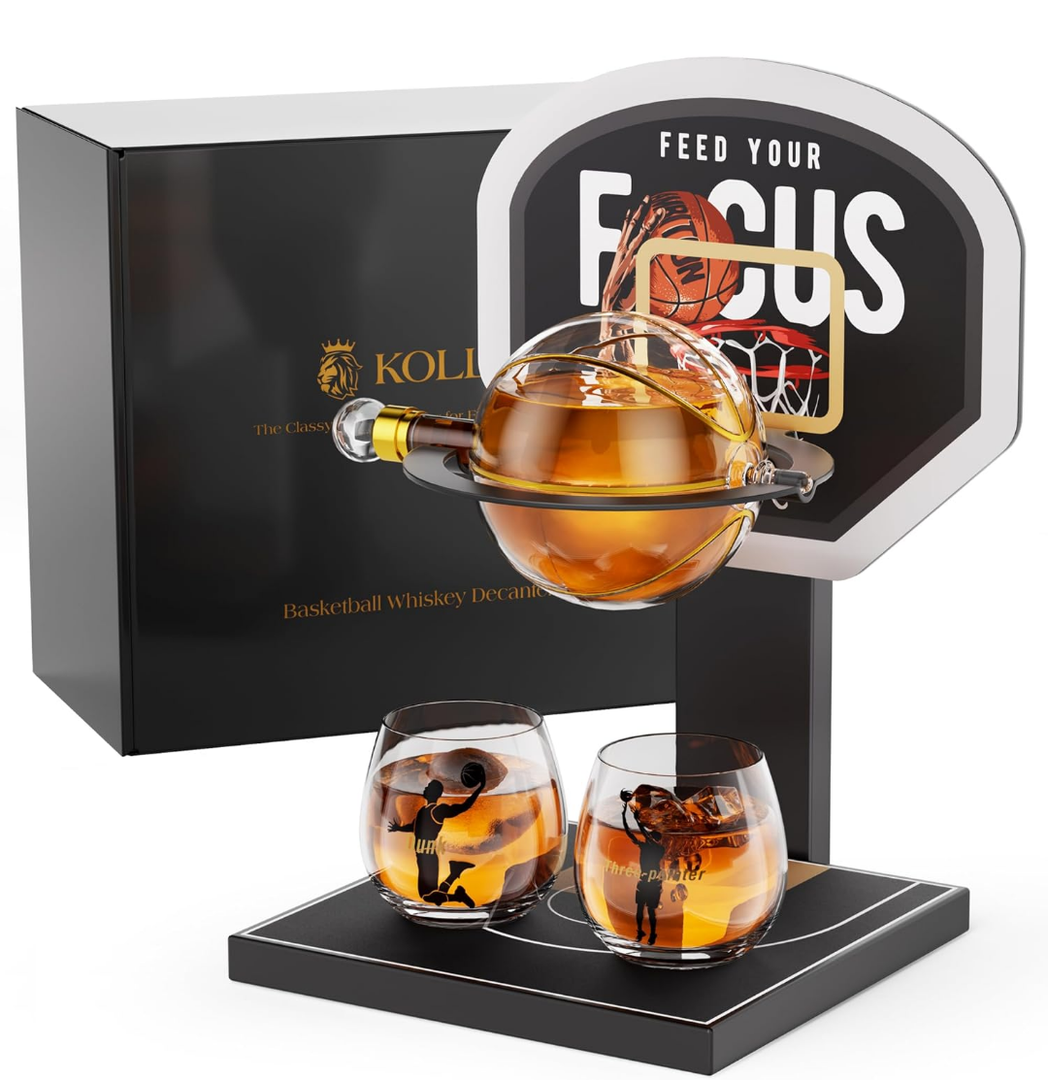 Kollea Basketball Whiskey Decanter Set with Black Court Stand & 2 Glasses, Stylish Liquor Decanter Gift for Men,