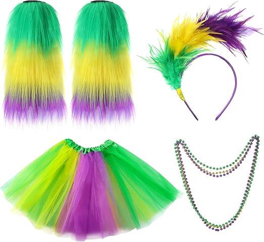 Lasnten Mardi Gras Costume Accessory Set Women Outfit Tutu Skirt Mardi Gras Leg Warmers Faux Feather Headband for Carnival Masquerade Party Supplies