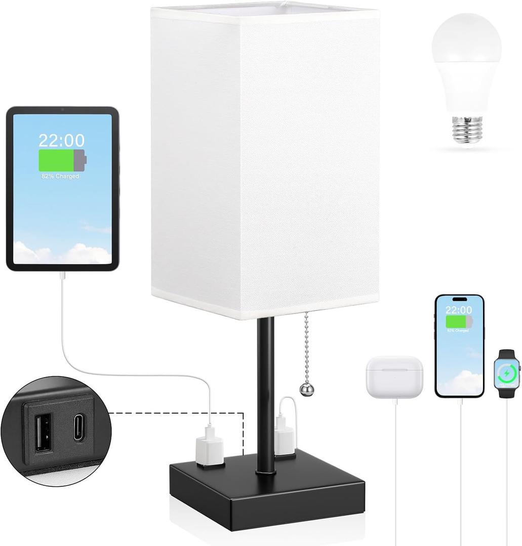 White Medium Table Lamp with USB Ports - 3 Color Temperature Bedside Lamp for Bedroom, Pull Chain Control, USB A and C Ports, 2 AC Outlets, Bulb Included (17.4in)