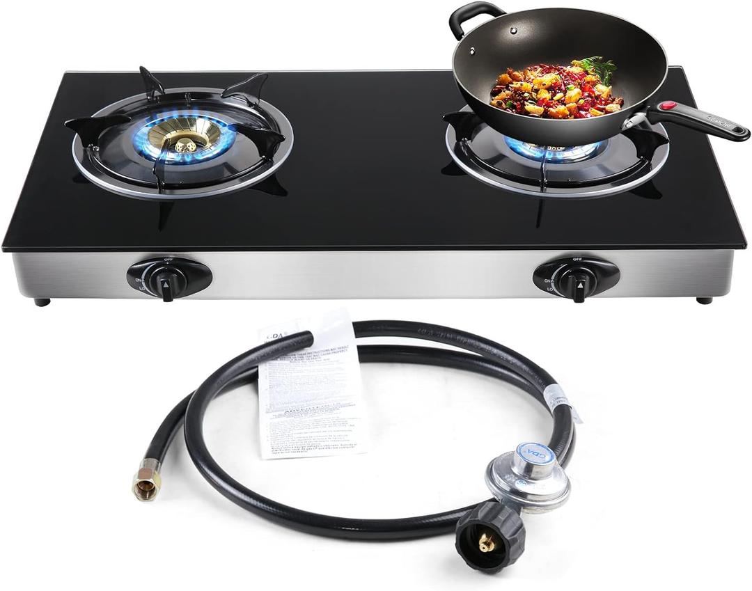Propane Gas Cooktop 2 Burners Stove portable gas stove Tempered Glass Double Auto Ignition Camping Burner LPG for RV, Apartments, Outdoor