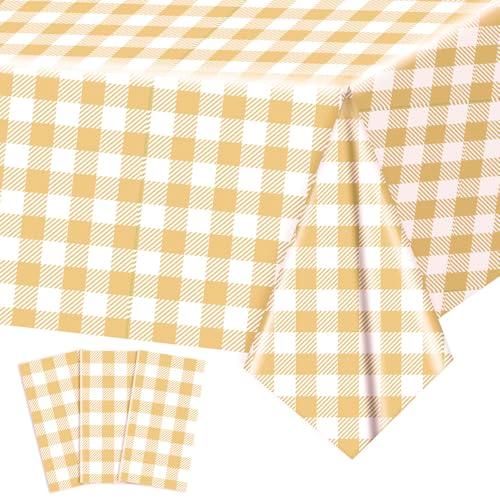 3 Pack Brownish-Yellow and White Gingham Tablecloths, 54 X 108Inch Disposable Party Table Covers Scalloped Brownish-Yellow and White Checkered Tablecloth