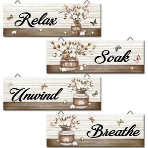 Tradder 4 Pcs Bathroom Wall Art Decor Plaques Rustic Farmhouse Pictures Wall Art Relax Soak Unwind Breathe Laundry Room Home Decorations Country(Cotton)