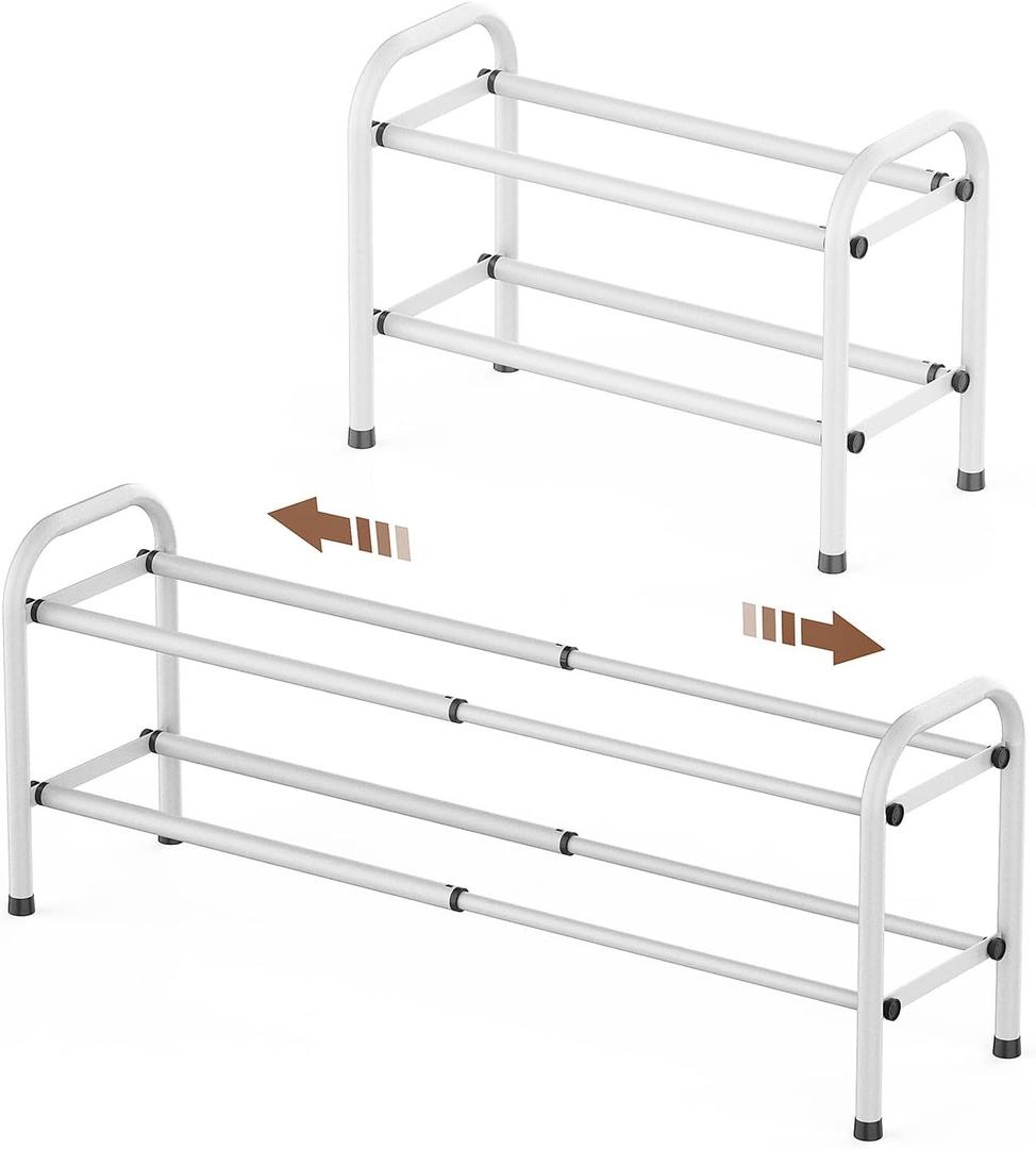 Gonfoam 2Tier Expandable Shoe Rack,Adjustable Shoe Shelf Storage Organizer Heavy Duty Metal Free Standing Shoe Rack for Entryway Closet Doorway (White)