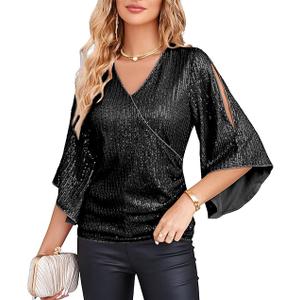 GRACE KARIN Womens Sparkly Sequin Tops,3/4 Sleeve Glitter Party Dressy Blouse,V-Neck Disco Evening Club Concert Shirt XL