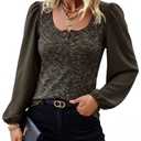 HEYTALALA Womens Puff Long Sleeve Tunic Tops Button Down Square Neck Blouse Loose Fit Basic T Shirt Elegant Tee Shirts Coffee L