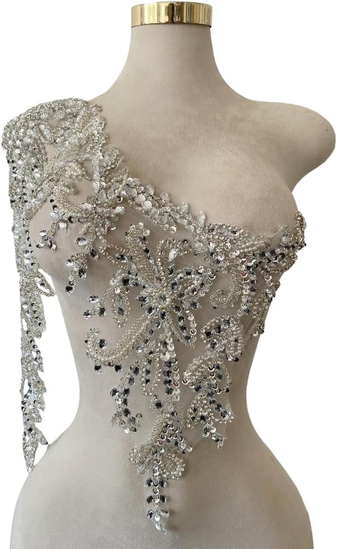 Single Right Sleeve Dress Accessories Luxury Decorative Appliqu Pure Hand Sewn Beads Rhinestones Trim Patches (Silver)