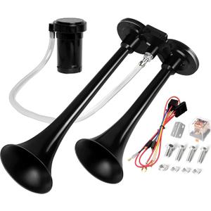 Air Train Horn Kit for Truck Car with Air Compressor, Super Loud 150DB 12V Electric Trains Horns for Vehicles, Trumpet Air Horn Complete Kits (Dual Black)
