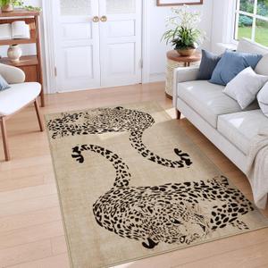 OJIA Leopard Print 5x7 Rugs for Living Room, Soft Ultra-Thin Washable Area Rugs for Bedroom Non-Slip Neutral Rug Non-Shedding Indoor Carpet Kids Rugs for Playroom Nursery Girls Boys Dorm Classroom (Natural)