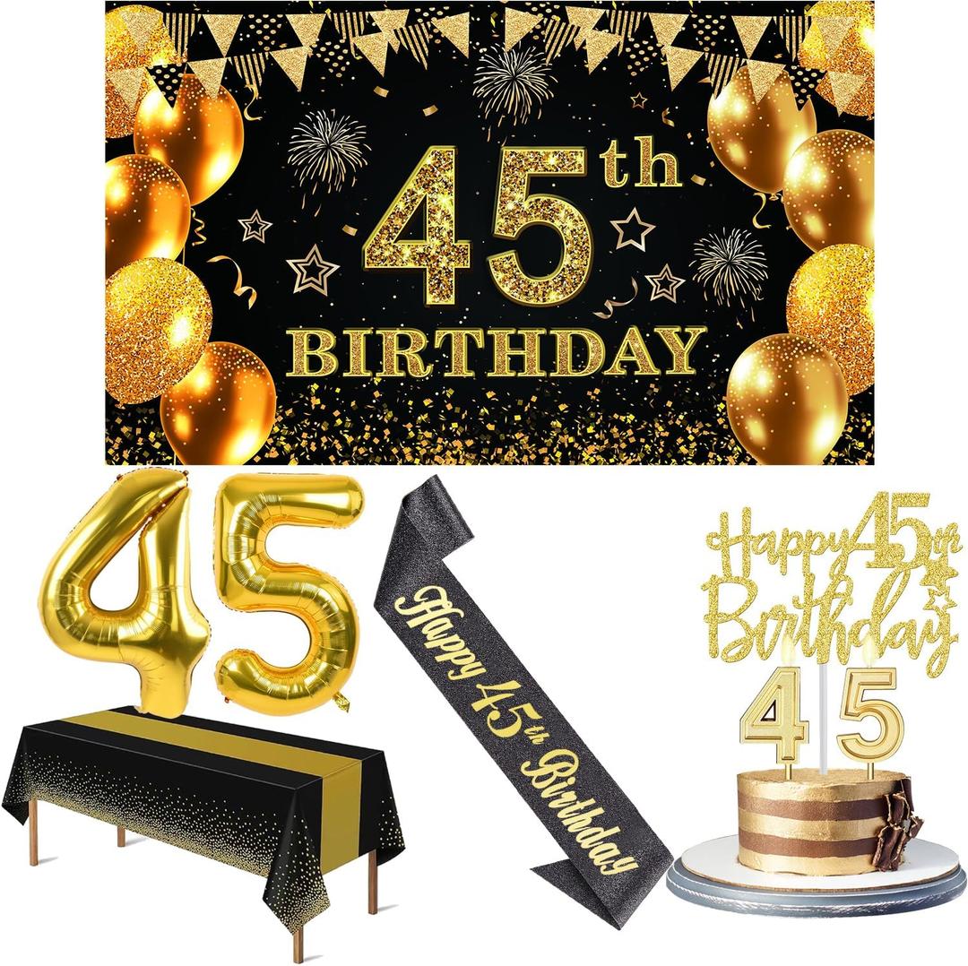 45th Birthday Decorations Men Women with 45th Birthday Banner, Black and Gold Table Cloth, Number Balloons, Large Sash, Cake Topper and Candles