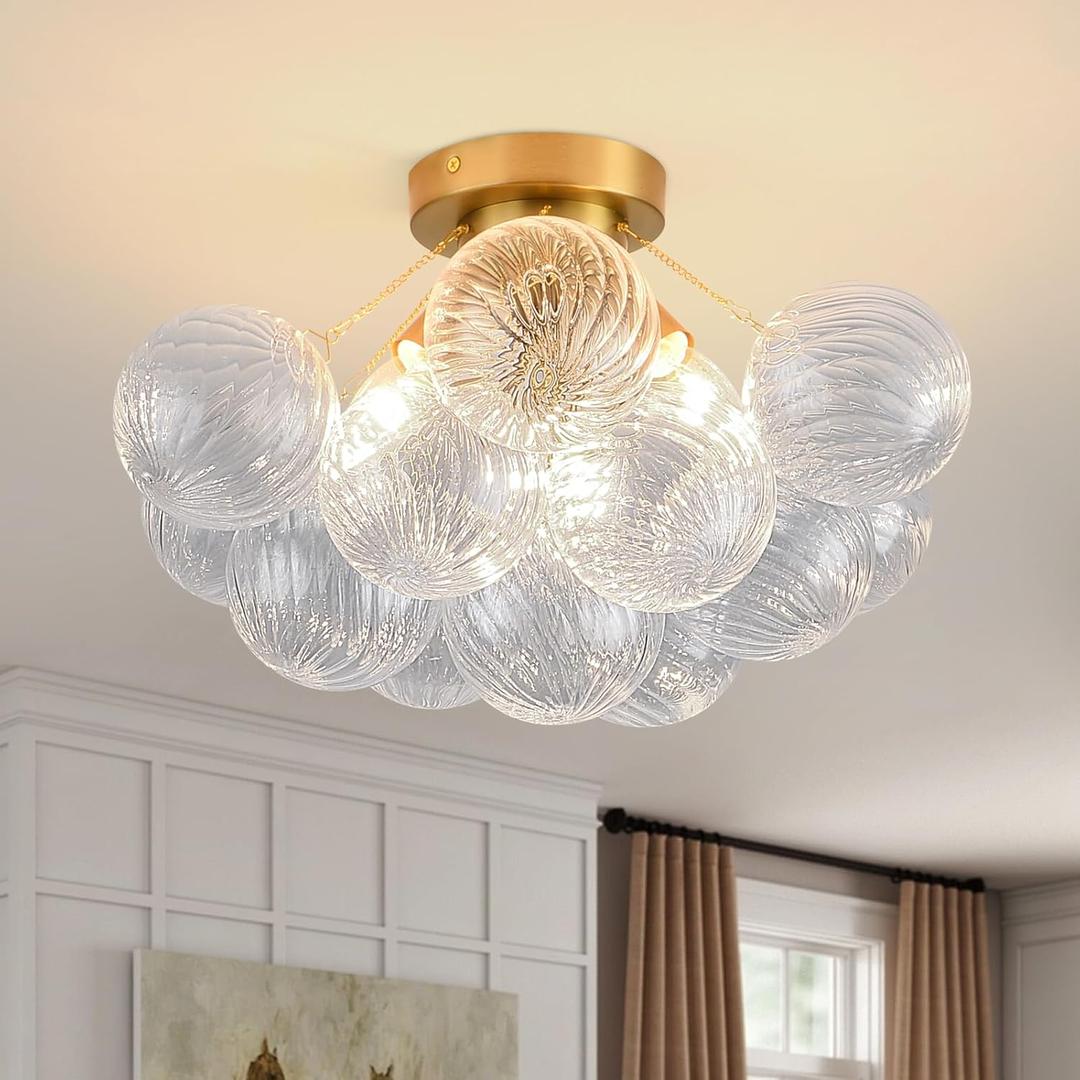 Bubble Chandelier Bubble Ceiling Light 17in Semi Flush Mount Chandelier Blown Glass Mid Century Close to Ceiling Light Fixture for Bedroom Hallway Entryway Kitchen Foryer Dining Room (Gold Swirled)