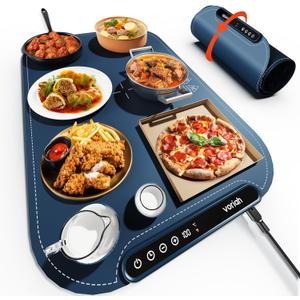 Warming Mat for Food, Voriah Electric Warming Tray with 99H Timer & 8 Temperature Settings, Foldable Food Warmer with C/F Switch, Keeps Food Warm at Buffets, Sabbath, Family GatheringsNavy Blue (L-24*16'')