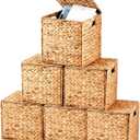 Jinei 6 Pcs Wicker Storage Basket with Lid Bulk 12 x 12 x 12 Inch Handwoven Water Hyacinth Cube Bin with Handles Woven Laundry for Organizer Shelves Wood Color