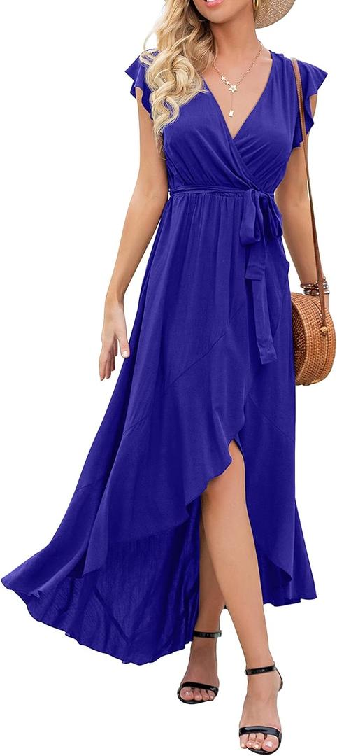GRECERELLE Women's Summer Casual Cross V Neck Dress Bohemian Flowy Long Maxi Dress, Royal Blue,Small