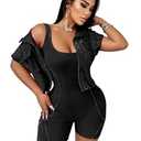 Voghtic 2 Piece Sets for Women Distressed Tank Rompers Crop Jacket Matching Sets (Medium, Black)