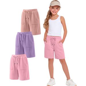 Xaatren 3 Pack Girls Bermuda Shorts | Knee Length Shorts, Long Shorts, Sweatshorts, for Kids 5-14 Years, Summer, Loose, Athletic, School, 2 Pockets, Drawstring