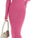 ANRABESS Women Long Sleeve Sweater Dress Crewneck Bodycon Stretch Slim Fit Ribbed Knit Midi Dresses 2025 Fall Trendy Outfits Hot Pink X-Large (Pink, XL)