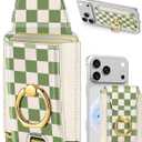 Shorogyt Compatible with Magsafe Wallet with Ring Grip Magnetic Card Holder - Cute Phone Wallets with Stand for iPhone 17/16/15/14/13/12 Series for Women Girls Green Grid Design, Fit 7 Cards