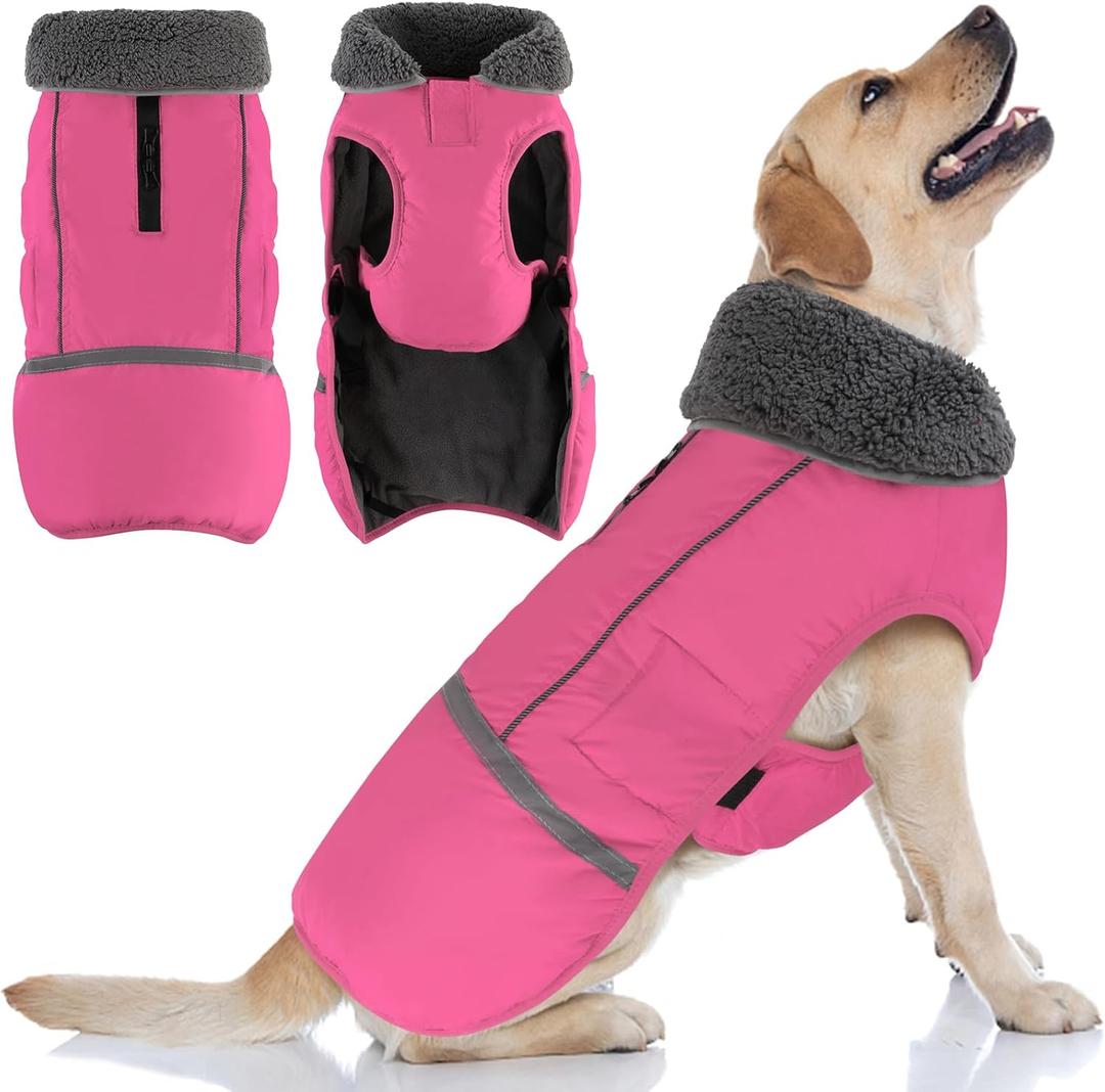 Doglay Dog Coat, Waterproof Dog Jacket Pet Winter Coat for Cold Weather with Thicken Furry Collar, Reflective Puppy Winter Jacket Warm Fleece Lining for Small Medium Large Pets (S(Chest : 11-18.11" , Back : 9.84"), Bright Pink)