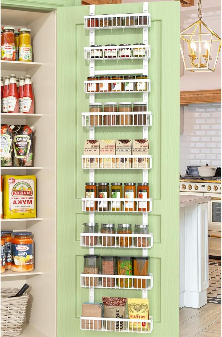 Over the Door Pantry Organizer 9 Tier Metal Narrow Door Pantry Spice Rack with Height Adjustable Baskets Pantry Storage 14.8" W x 77" H for Kitchen, Bathroom (White)