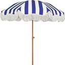 AMMSUN Boho Fringe Umbrella Outdoor Patio, 6.5ft UPF50+ Picnic Umbrella with Tassels with Steel Pole and Push Button Tilt, Blue Stripes