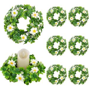 8 Pcs St. Patrick's Day Candle Rings, 14 Inch Shamrock Wreaths for Table Centerpieces Irish Clover Wreath for Front Door Porch Window Wall Decor, Spring Green Artificial Foliage Berry Wreath
