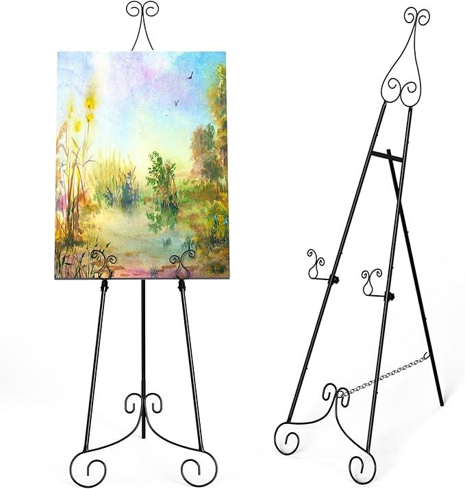 Tuenort 2 Pack Easel Stand for Sign, Heavy Duty Metal Display Stand with Chain Support, Black Height Adjustable Easels for Wedding Sign, Painting, Art