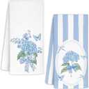Coquette Blue Bow Hydrangea Floral Kitchen Towels, Preppy Girly Hydrangea Hand Towels for Bathroom Decor, Cottagecore Flower Aesthetic Dish Tea Towels for Kitchen Decor, 16x24 Inch Set of 2